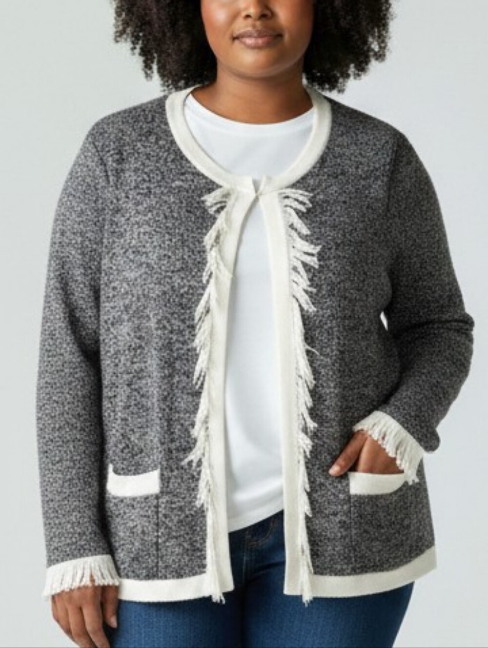 Hampshire Studio Womens Gray Open Front Cardigan Sweater Fringe Trim Size L